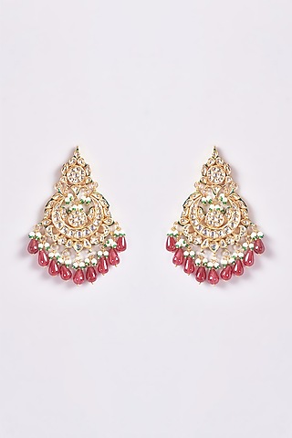 Gold Finish Kundan Polki & Droplets Chandbali Earrings by THE BLING GIRLL